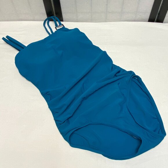 Aqua Green Double Strap High Asymmetrical Neck One Piece Swimsuit Teal NWT - Picture 7 of 12